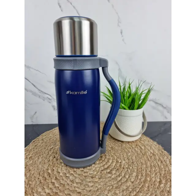 Термос 1200мл из нерж.стали с ручкой и ремешком 1 чашка (син.сал.черн.) 2015 ᐉ 2015 - Kamille - класная цена в ProPosud