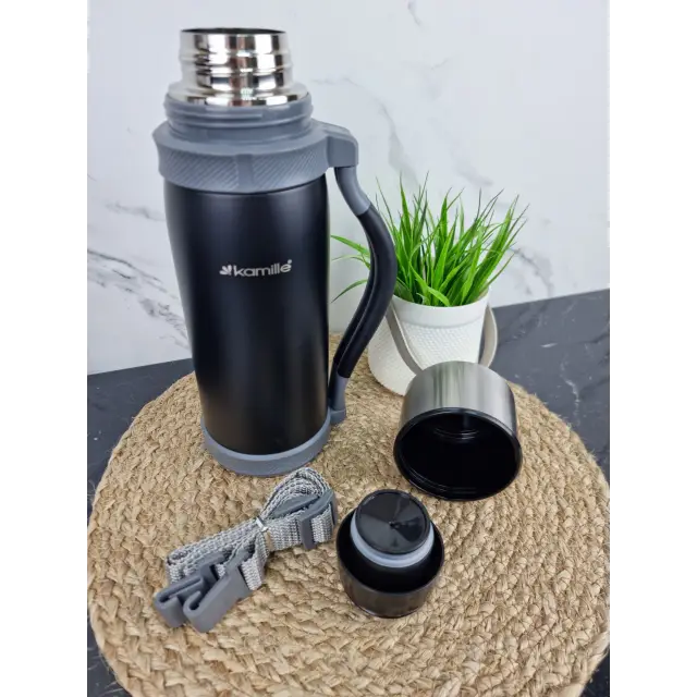 Термос 1200мл из нерж.стали с ручкой и ремешком 1 чашка (син.сал.черн.) 2015 ᐉ 2015 - Kamille - класная цена в ProPosud