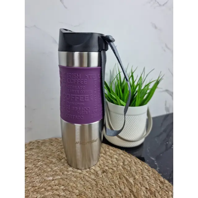 Термокухоль 480мл з нерж.сталі м'яка вставка з ремінцем (сір.фіол.блак.беж.) 2051 ᐉ 2051 - - класная цена в ProPosud