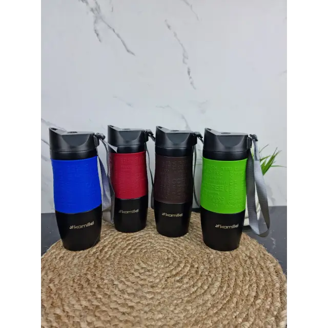 Термокружка 380мл из нерж.стали с TPR-вставкой с ремешком (красн.син.кор.зел.) 2052А ᐉ 2052А - Kamille - класная цена в ProPosud