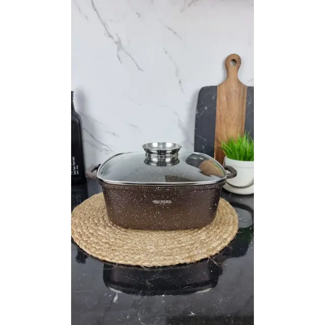 1226-CH Кастрюля квадратная 5,4л антипр.покрытие стек.крышка индукция Мрамор