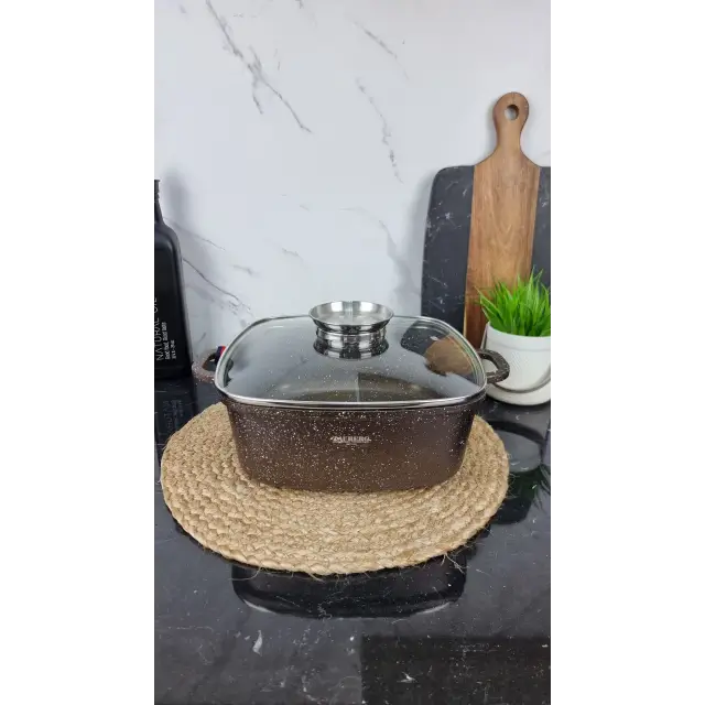 1226-CH Кастрюля квадратная 5,4л антипр.покрытие стек.крышка индукция Мрамор