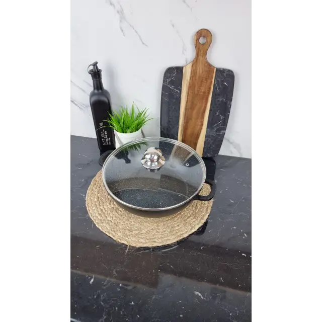 0528-CR Каструля мілка 4,1л антипр.покриття скл.кришка індукція Мармур ᐉ 0528-CR - - класная цена в ProPosud