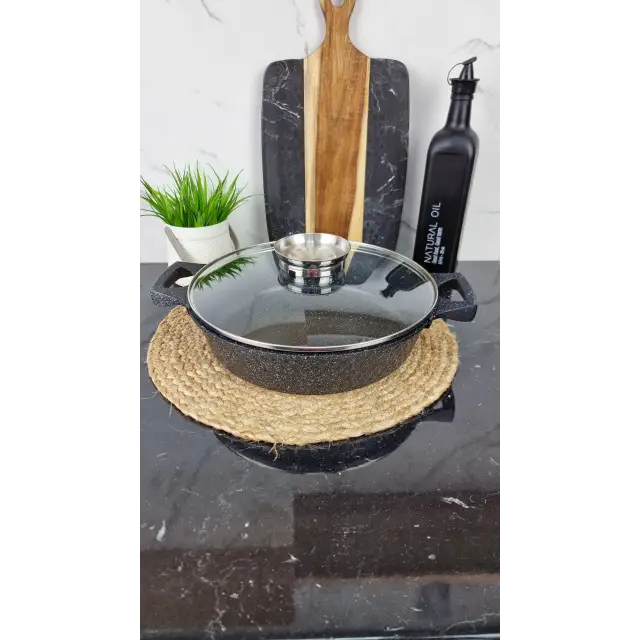 YLS8028-B Кастрюля мелкая 3,5л антипр.покрытие стек.крышка индукция Черная