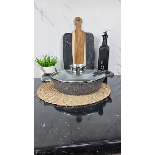 YLS8028-G Кастрюля мелкая 3,5л антипр.покрытие стек.крышка индукция Серая