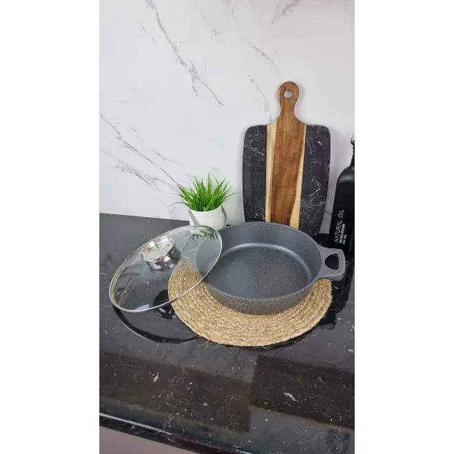 YLS8028-G Кастрюля мелкая 3,5л антипр.покрытие стек.крышка индукция Серая