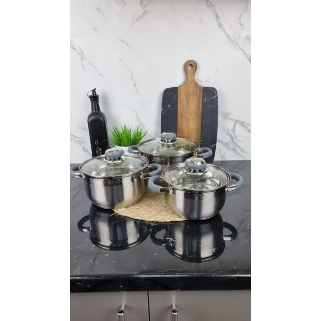 ZB-1,9/2,6/3,6 CG Набор кастрюль 3-пр. нерж.сталь стекл.крышка GREY ᐉ ZB-1,9/2,6/3,6 CG - - класная цена в ProPosud