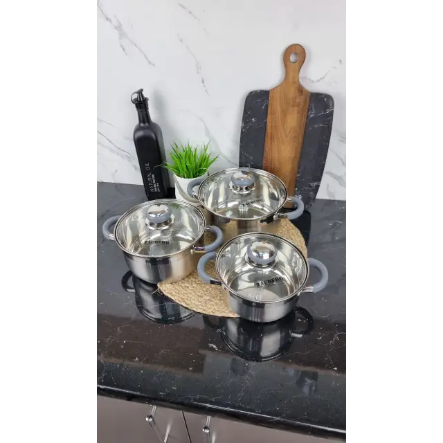 ZB-1,9/2,6/3,6 CG Набор кастрюль 3-пр. нерж.сталь стекл.крышка GREY ᐉ ZB-1,9/2,6/3,6 CG - - класная цена в ProPosud