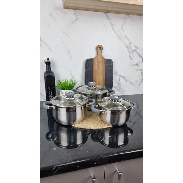 ZB-1,9/2,6/3,6 CG Набор кастрюль 3-пр. нерж.сталь стекл.крышка GREY ᐉ ZB-1,9/2,6/3,6 CG - - класная цена в ProPosud