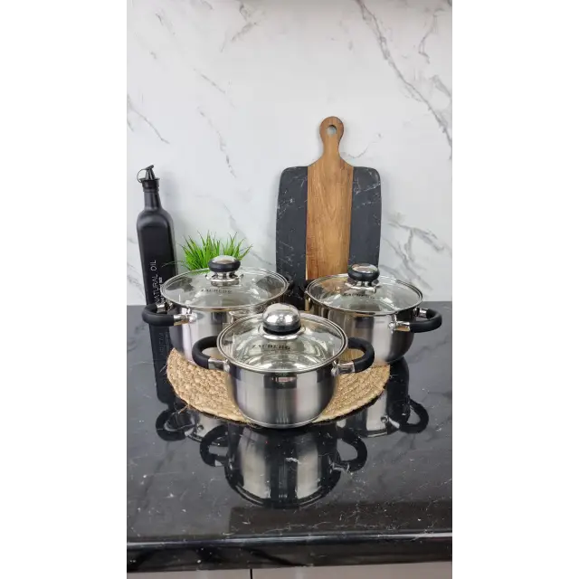 ZB-1,9/2,6/3,6 CB Набор кастрюль 3-пр. нерж.сталь стекл.крышка BLACK ᐉ ZB-1,9/2,6/3,6 CB - - класная цена в ProPosud