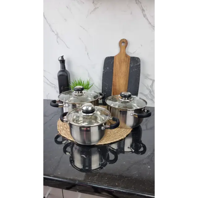 ZB-1,9/2,6/3,6 CB Набор кастрюль 3-пр. нерж.сталь стекл.крышка BLACK ᐉ ZB-1,9/2,6/3,6 CB - - класная цена в ProPosud