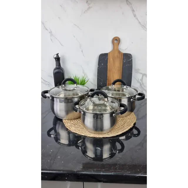 ZB-234 B Набор кастрюль 3-пр. 2,0л 3,0л 4,0л нерж.сталь стекл.крышка BLACK ᐉ ZB-234 B - - класная цена в ProPosud