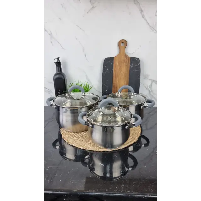 ZB-234 G Набор кастрюль 3-пр. 2,0л 3,0л 4,0л нерж.сталь стекл.крышка GREY ᐉ ZB-234 G - - класная цена в ProPosud