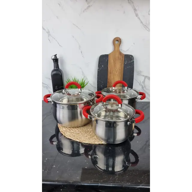 ZB-234 R Набор кастрюль 3-пр. 2,0л 3,0л 4,0л нерж.сталь стекл.крышка RED ᐉ ZB-234 R - - класная цена в ProPosud