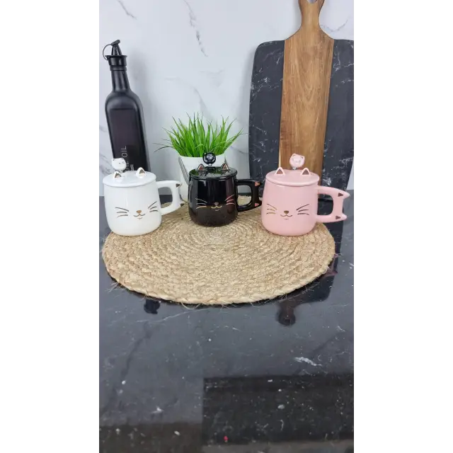 3757 Чашка фарфоровая 400 мл с крышкой «Cat» (цветная коробка)