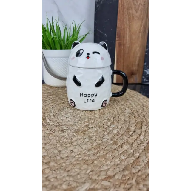 3203 Чашка фарфоровая 380 мл с крышкой «Panda Life» (цветная коробка)