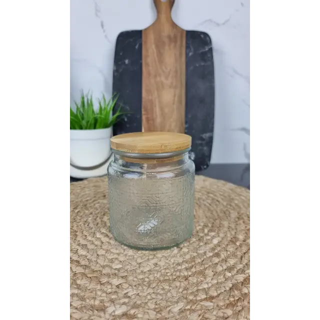 TS23018A Емкость для сыпучих стеклянная 500мл круглая рельеф бамбук крышка ᐉ TS23018A - - класная цена в ProPosud