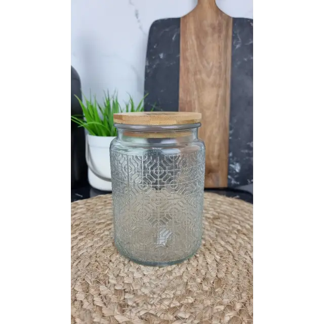 TS23018B Емкость для сыпучих стеклянная 700мл круглая рельеф бамбук крышка ᐉ TS23018B - - класная цена в ProPosud