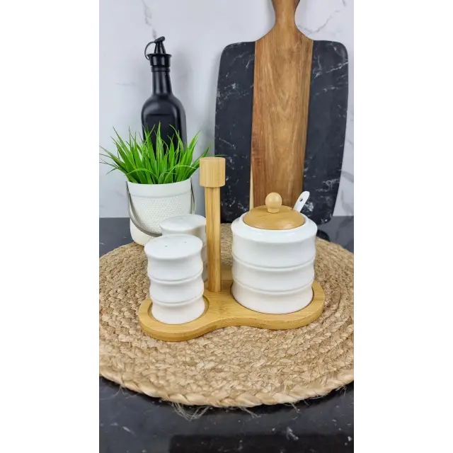 PJ03753 Набір для спецій на дерев. підставці сіль, перець, цукорниця ᐉ PJ03753 - - класна ціна в ProPosud