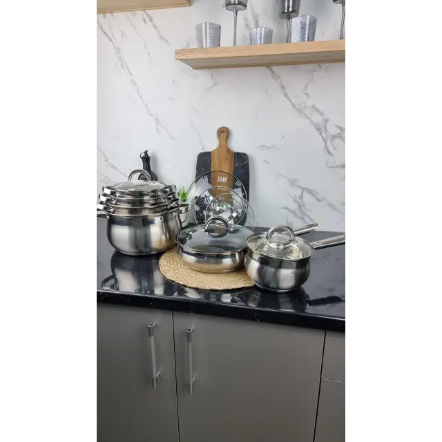 Набор посуды 12-пр. (2,1л 2,9л 3,9л 6,5л сковорода 24см ковш 2,1л) нерж.сталь BN-212