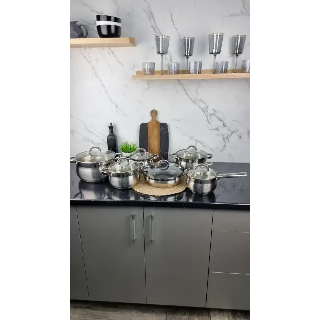 Набор посуды 12-пр. (2,1л 2,9л 3,9л 6,5л сковорода 24см ковш 2,1л) нерж.сталь BN-212