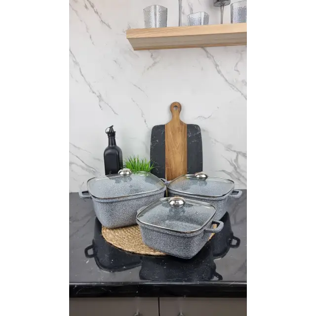 Набір каструль квадрат. 6-пр. (2,1л 3л 5,1л) граніт світлий BN-375