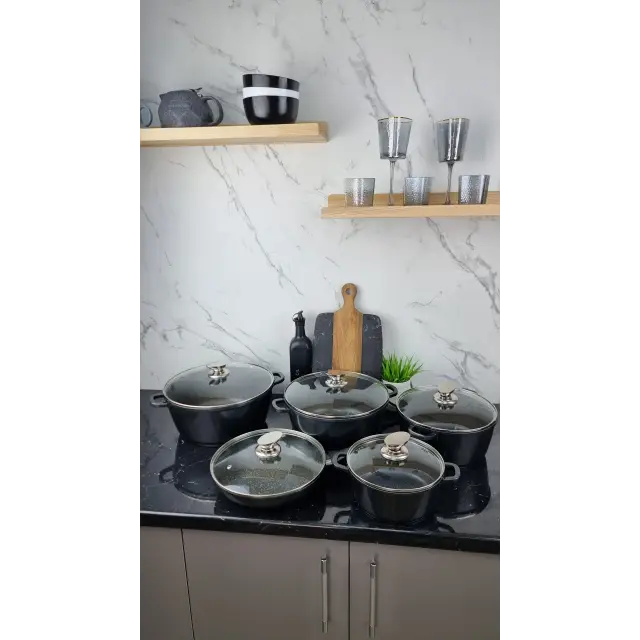 Набор посуды 10-пр. (2,2л 4,2л 6,3л 7,8л) сковорода 26см черный мрамор BN-329 ᐉ BN-329 - - класная цена в ProPosud