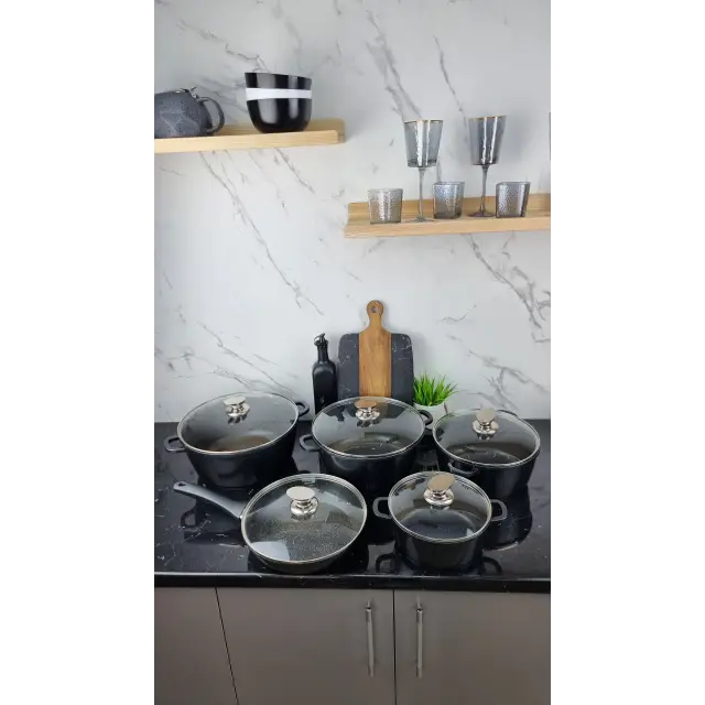Набор посуды 10-пр. (2,2л 4,2л 6,3л 7,8л) сковорода 26см черный мрамор BN-329 ᐉ BN-329 - - класная цена в ProPosud
