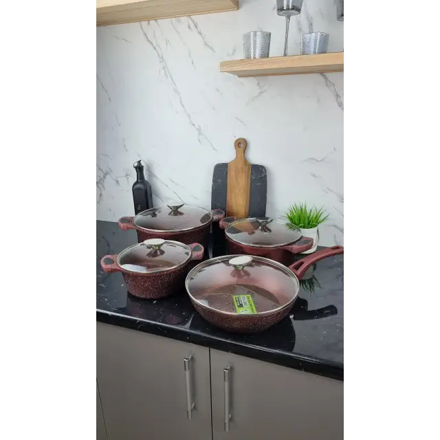 Набор посуды 8-пр. (2,5л 4,5л 6,5л) сковорода 28см красный BN-334 ᐉ BN-334 - - класная цена в ProPosud