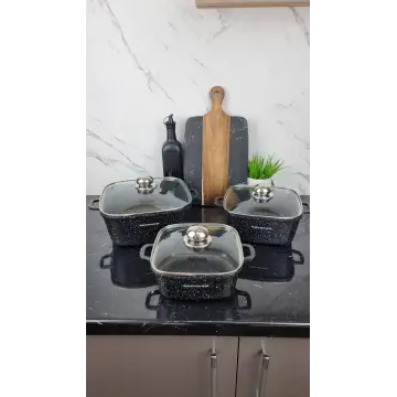 Набір каструль квадрат. 6-пр. (2,1л 3л 5,1л) мармур чорний з білим BN-373 ᐉ BN-373 - - класна ціна в ProPosud
