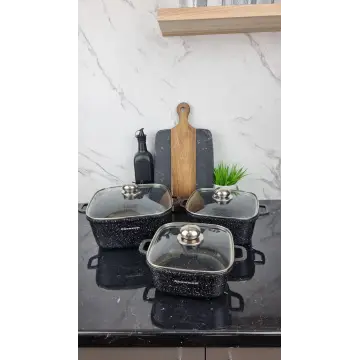Набір каструль квадрат. 6-пр. (2,1л 3л 5,1л) мармур чорний з білим BN-373 ᐉ BN-373 - - класна ціна в ProPosud 2