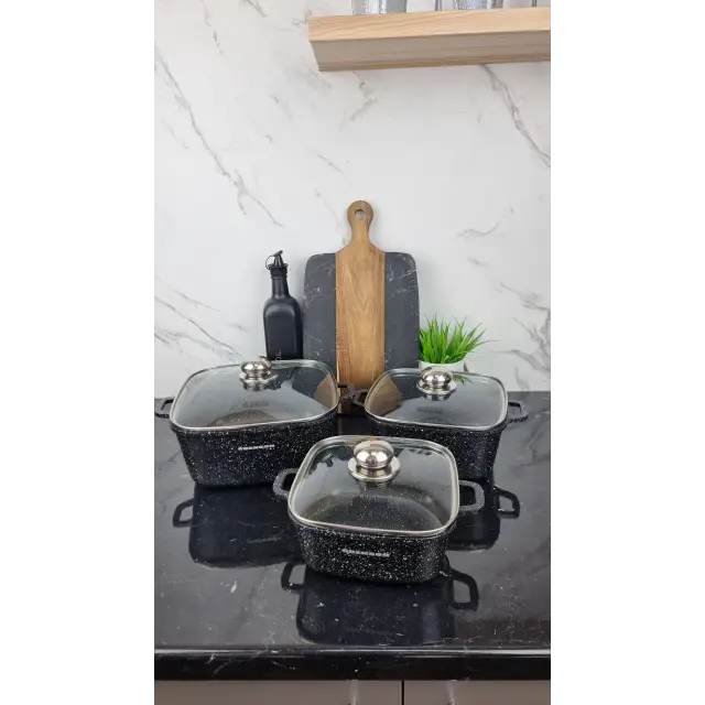 Набір каструль квадрат. 6-пр. (2,1л 3л 5,1л) мармур чорний з білим BN-373 ᐉ BN-373 - - класна ціна в ProPosud