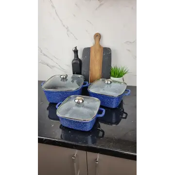 Набор кастрюль квадрат. 6-пр. (2,1л 3л 5,1л) гранит синий с белым BN-377 ᐉ BN-377 - - класная цена в ProPosud 2