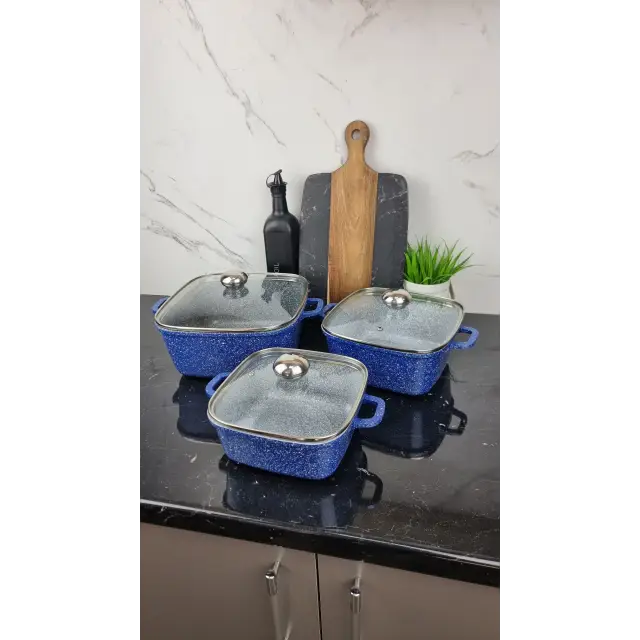 Набор кастрюль квадрат. 6-пр. (2,1л 3л 5,1л) гранит синий с белым BN-377 ᐉ BN-377 - - класная цена в ProPosud