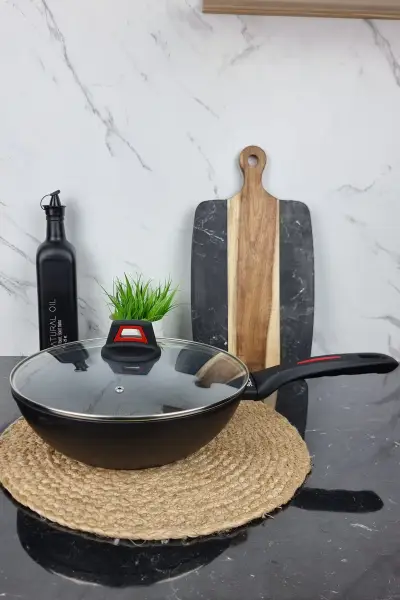 Сковорідка WOK 28см антипр.покриття скл.кришка термоіндикатор EB-13098 ᐉ EB-13098 - - класна ціна в ProPosud