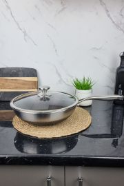 Сковорода WOK из нержавеющей стали с антипригарным покрытием и стеклянной крышкой диаметр 30см EB-13067 ᐉ EB-13067 - - класная ц