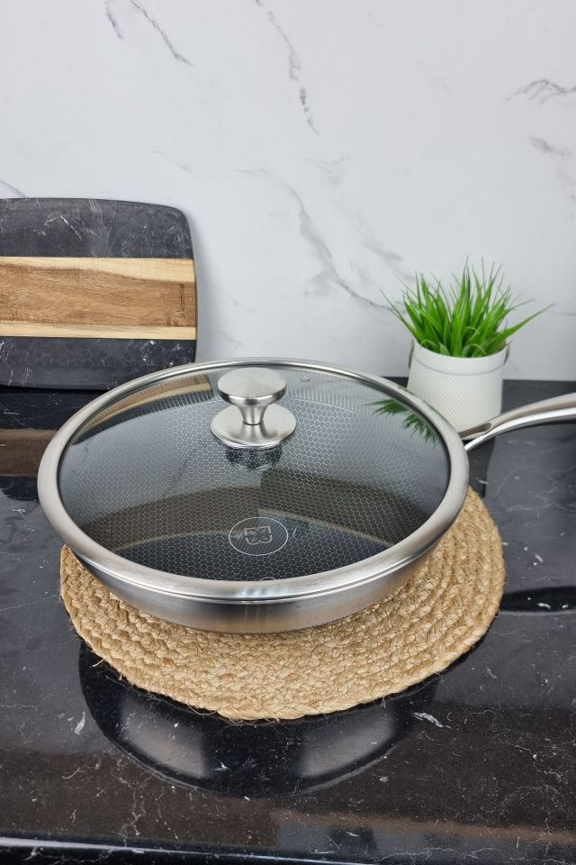 Сковорідка WOK із нержавіючої сталі з антипригарним покриттям та скляною кришкою діаметр 32см EB-13068 ᐉ EB-13068 - - класна цін